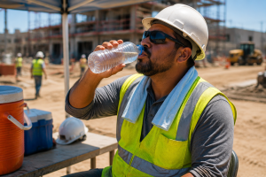 Construction worker taking a hydration break to prevent heat stress