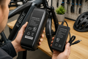 Consumer checking certification and charger compatibility on an e-bike battery