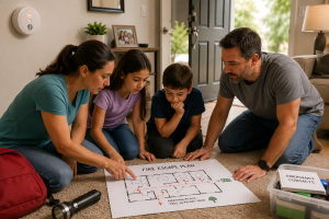 Family practicing a home escape plan for a lithium-ion battery emergency