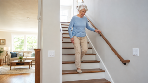Older adult using a secure handrail on well-lit home