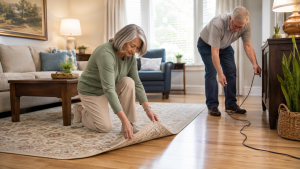 Older couple removing trip hazards from a living room walkway