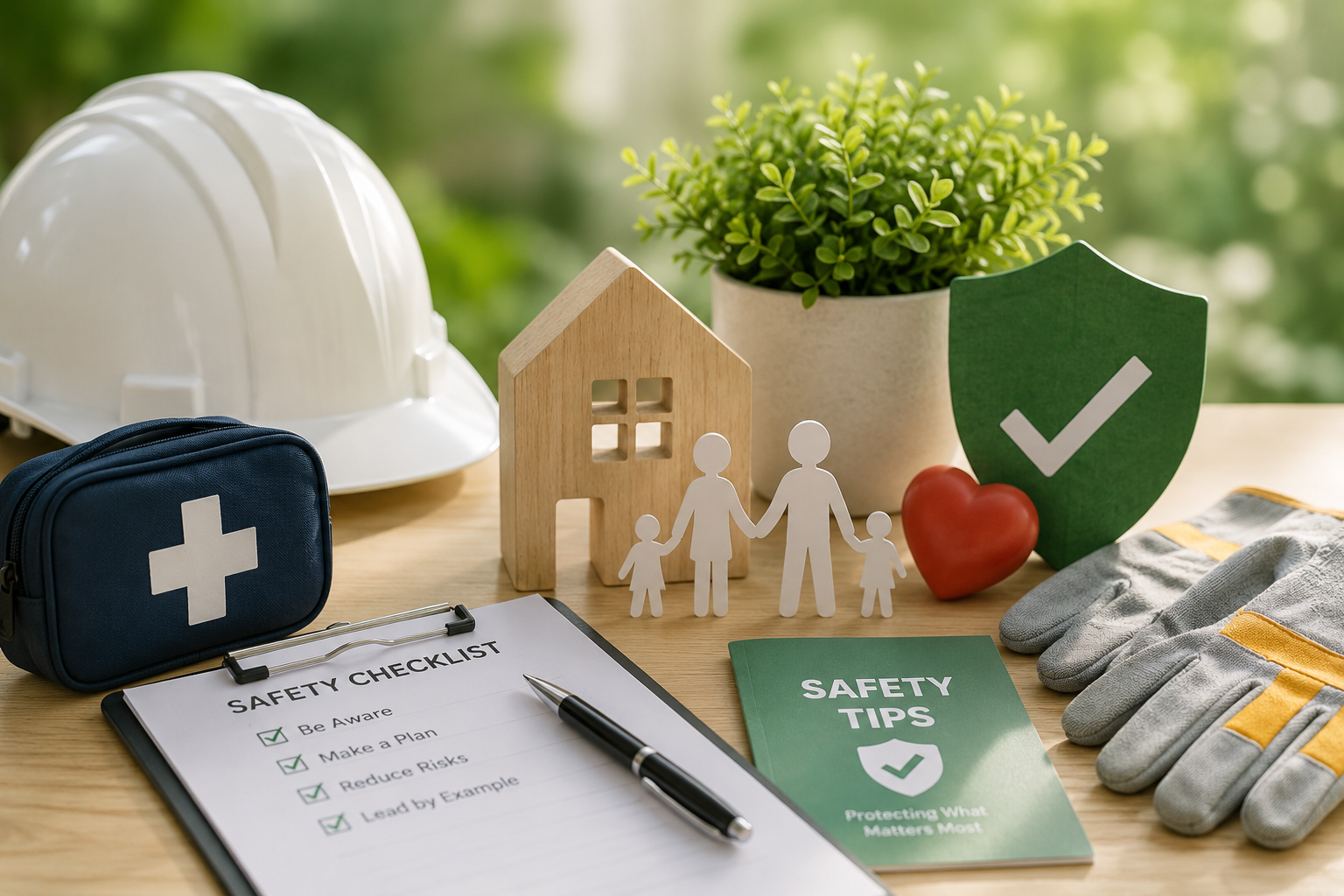 Safety equipment and family protection essentials arranged on a table, representing injury prevention through home safety, workplace safety, first aid preparedness, and community wellness