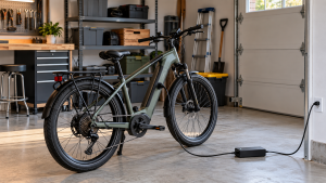 E-bike charging safely away from exits and flammable materials